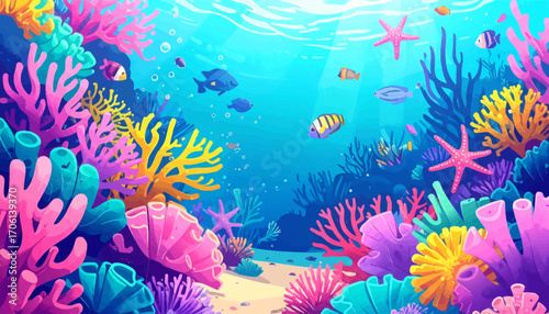 Vibrant underwater coral reef illustration, featuring colorful fish, intricate marine formations, and sparkling light, capturing the serene beauty of the ocean