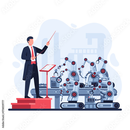 Orchestrator Conducting Robotic Arms on a Factory Assembly Line.