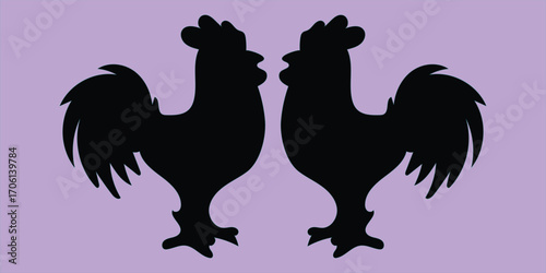 A black silhouette illustration of two roosters facing each other in a confrontational stance