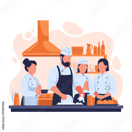 Culinary team learning and cooking in a professional kitchen environment.