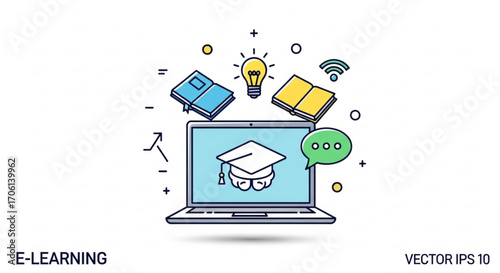Elearning concept with laptop, books, graduation cap, light bulb, and speech bubble online education