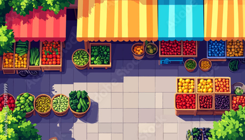 Vibrant pixel art market scene with colorful produce stalls