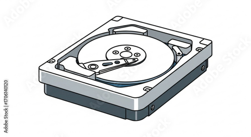 Isometric hard disk drive illustration represents data storage, computer hardware, and digital information