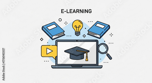 Elearning concept illustration with laptop, books, light bulb, and magnifying glass for online education and courses