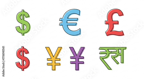 Colorful currency symbols representing global finance, including dollar, euro, pound, yen, and rupee