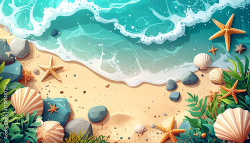 Beach Scene with Starfish, Seashells, and Turquoise Water Illustration
