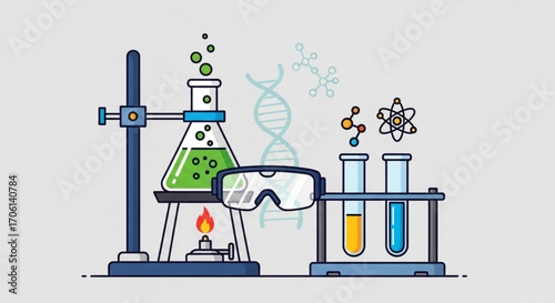Laboratory equipment for scientific research and experimentation, , including beakers, test tubes, and safety goggles