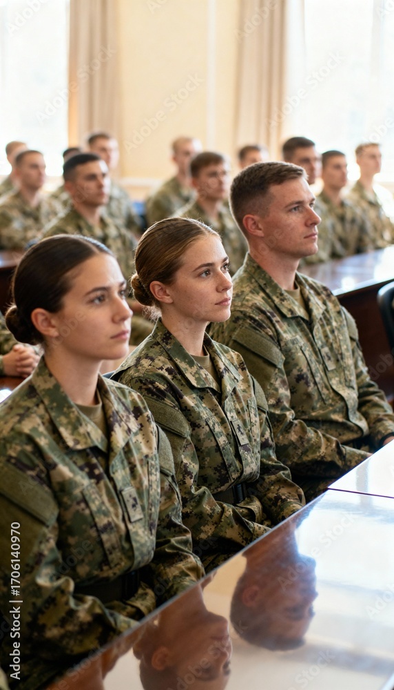 Fototapeta premium Military school classroom with uniformed students in lesson.