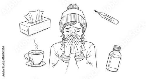 Sick woman sneezing while holding tissue with tea and medicine  