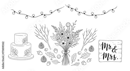 Wedding elements including cake, bouquet, and hanging lights  