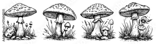 Fly agaric mushroom collection, detailed forest fungi sketches – hand drawn vector illustration set
