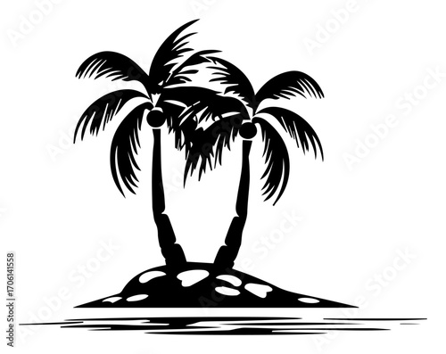 Tiny tropical island silhouette with twin palm trees reflected in calm sea – summer paradise vector illustration