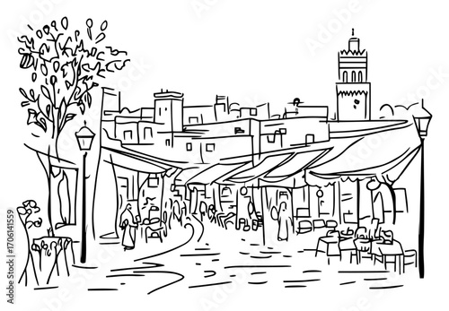 Bustling Moroccan medina street market with canvas stalls and distant minaret – hand drawn travel vector illustration