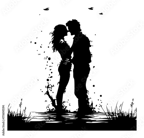 Romantic couple kissing silhouette at water’s edge with birds – passionate love scene vector illustration