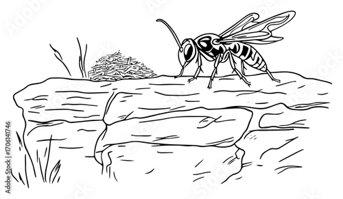 Large hornet on rocky ledge guarding paper nest, detailed wasp insect sketch – vector illustration
