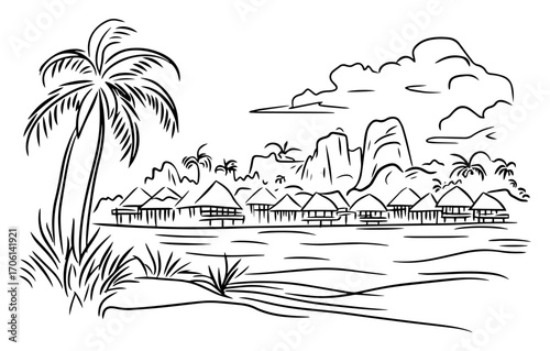Tropical lagoon with overwater bungalows and palm tree, exotic island resort landscape – vector illustration