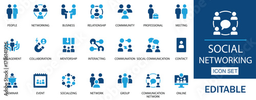 Social Networking Icon Set with editable symbols for people, community, connection, collaboration, meeting, and more. Ideal for social media, business, online communication, and networking. vector.