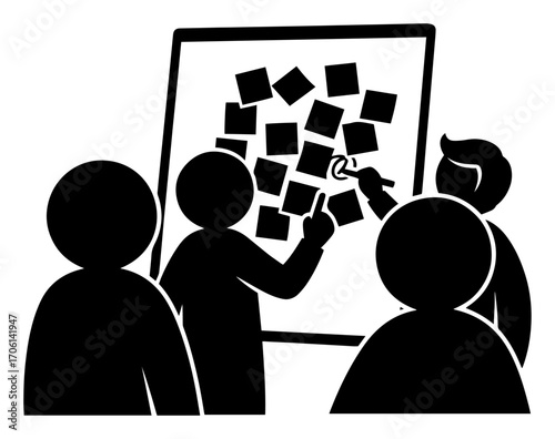 Team brainstorming at board with sticky notes, collaborative workshop silhouette – vector illustration