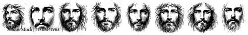 jesus christ Bearded man portrait icon set, expressive head sketches in vintage engraving style – vector illustration