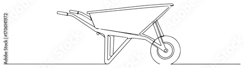 Wheelbarrow minimalist line drawing, gardening tool outline – vector illustration