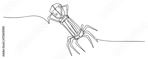 Bacteriophage virus line drawing, microscopic phage attacking bacteria – minimalist vector illustration