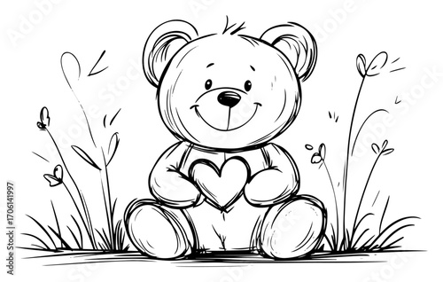 Adorable teddy bear holding heart sitting in grass, sweet love symbol sketch – vector illustration