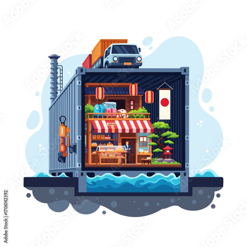 Japanese Container Shop with Truck and Water.