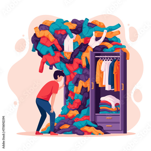 Man overwhelmed by messy clothes spilling out of wardrobe.
