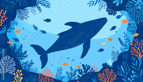 Whale in a vibrant underwater ecosystem illustration