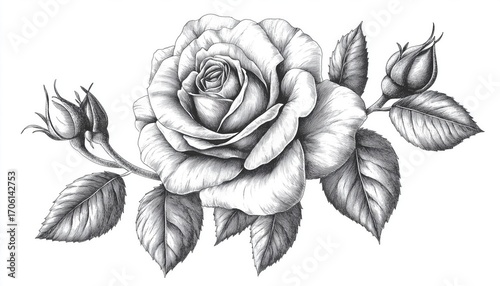 Stunning Monochrome Black And White Rose On White Background: Hand-Drawn Contour And Details Of A Elegant Flower. Classic And Timeless Design.