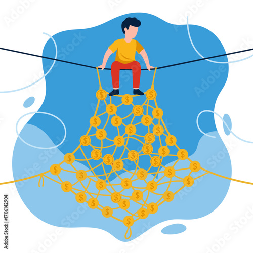 Boy on a tightrope over a net of coins.