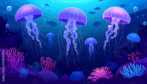 Glowing Jellyfish Underwater Scene Vibrant Ocean Life