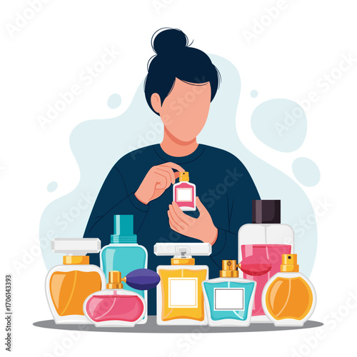 Woman holding perfume bottle surrounded by fragrance collection.
