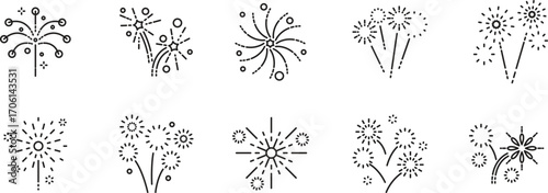 Celebration Fireworks  Item line Icon Set .holiday, festival, firework, anniversary, event, new, year, sparkles, burst . Vector Illustration	
