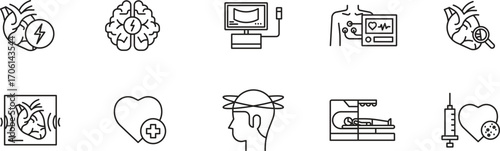 Cardiology Item line Icon Set . diagnostic, healthy, equipment, surgery, anatomy, blood, pressure, stroke . Vector Illustration	
