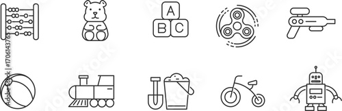 Baby Toy Item line Icon Set . Childhood, kids, play, ball, teddy, bear, stroller, crib, pacifier, game . Vector Illustration	
