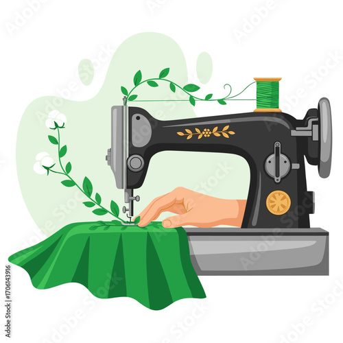 Vintage Sewing Machine Stitching Green Fabric with Vine Accent.
