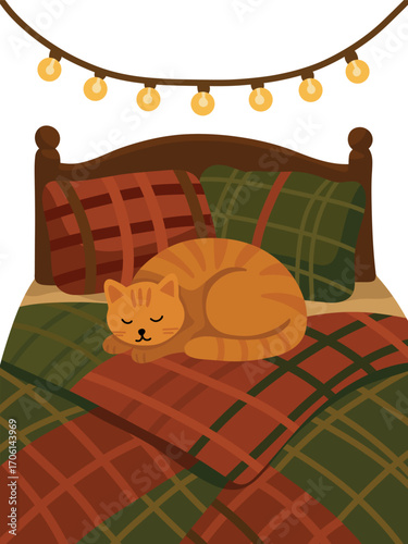 Cute orange cat curled up asleep on a cozy plaid bed with pillows and string lights, perfect for warm home decor, pet art, and cozy design projects.
