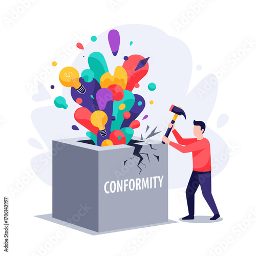 Man breaking conformity box with hammer releasing colorful ideas.