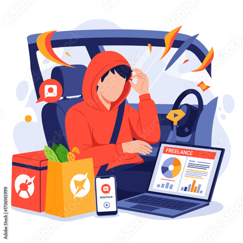 Delivery Driver Working on Laptop in Car with Food Bags.