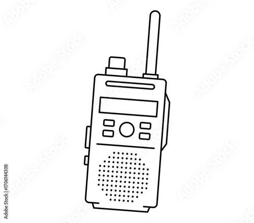 Hand drawn cute outline illustration of walkie talkie. Flat vector portable radio line art doodle. Communication wireless device icon. Security transceiver. Police frequency phone sticker. Isolated.