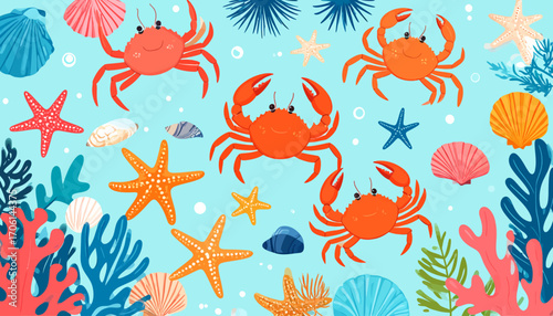 Cheerful Aquatic Scene Crabs, Starfish, and Coral in Playful Array