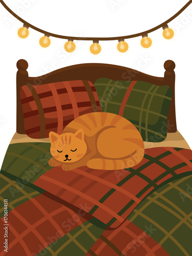 Illustration of Cat Napping on Plaid Bed