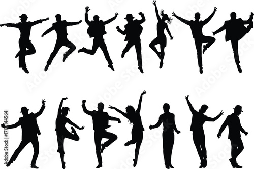Group of dancing people silhouettes, energetic jumping and joyful poses, diverse male and female figures, black silhouettes on white background, celebration and movement concept