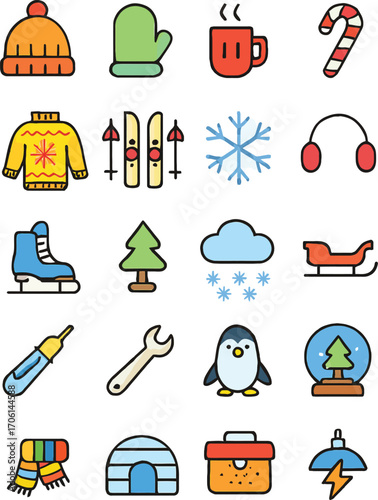 Vibrant Winter Icons Set – Festive Snowflakes, Cozy Elements & Seasonal Fun