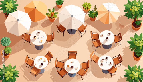 An inviting top-down illustration of a charming outdoor cafe, featuring tables, chairs, umbrellas, and lush potted plants, perfect for a relaxing dining experience under the sun