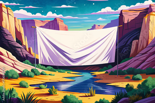 Massive white canvas banner in canyon desert, dramatic wilderness landscape, rustic horizon placement, outdoor solitude surface, scenic minimal background, creative mockup design, natural object