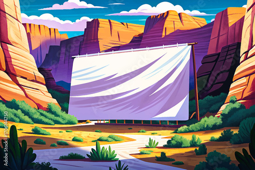 Massive white canvas banner in canyon desert, dramatic wilderness landscape, rustic horizon placement, outdoor solitude surface, scenic minimal background, creative mockup design, natural object