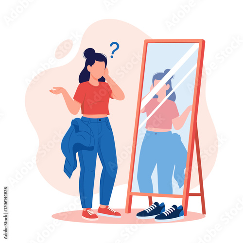 Woman confused about outfit in front of mirror.