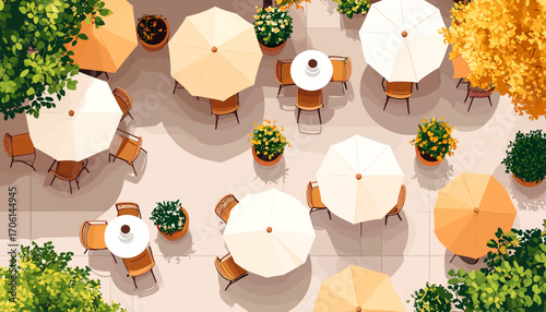 Aerial view of an inviting outdoor cafe patio with umbrellas, tables, chairs, and potted plants on a sunny day